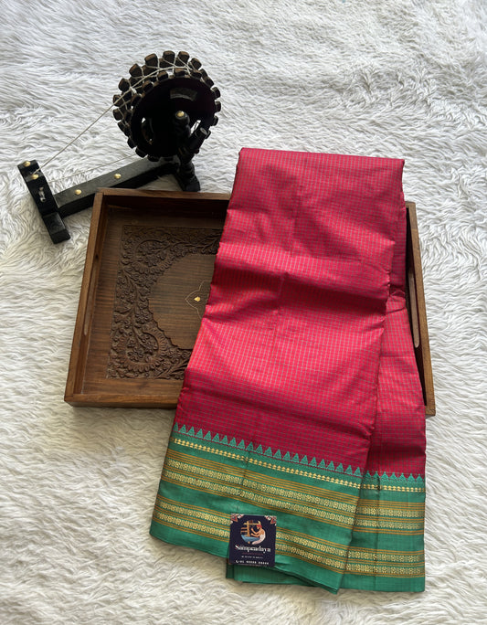 Narayanpet Silk Checks Saree Dark Pink Colored Complemented with a Rama Green Zari Border. - Sampradaya Designer Studio