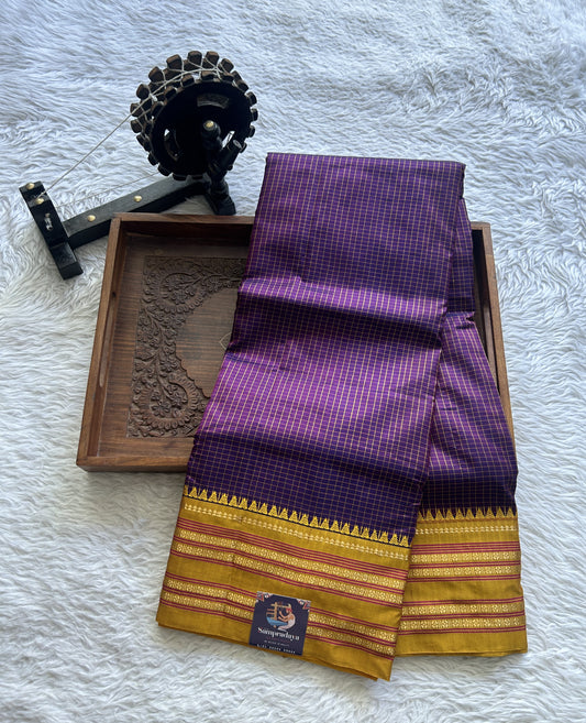 Narayanpet Silk Checks Saree Purple Colored Complemented with a Yellow Zari Border. - Sampradaya Designer Studio