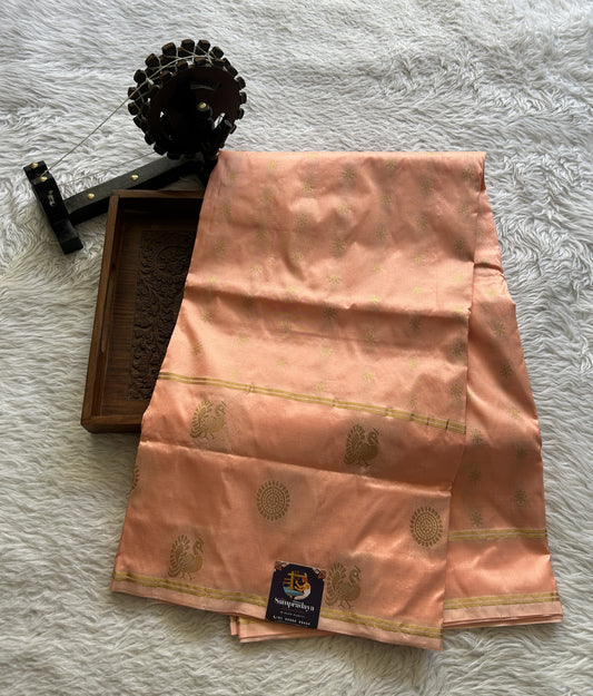 Narayanpet Silk Saree Peach Colored Complemented with a Buti Border. - Sampradaya Designer Studio