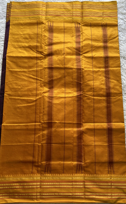Narayanpet Silk Checks Saree Purple Colored Complemented with a Yellow Zari Border. - Sampradaya Designer Studio