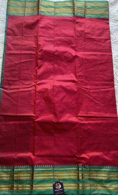 Narayanpet Silk Checks Saree Dark Pink Colored Complemented with a Rama Green Zari Border. - Sampradaya Designer Studio