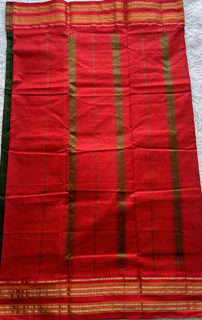 Narayanpet Silk Checks Saree Green Colored Complemented with a Red Zari Border. - Sampradaya Designer Studio
