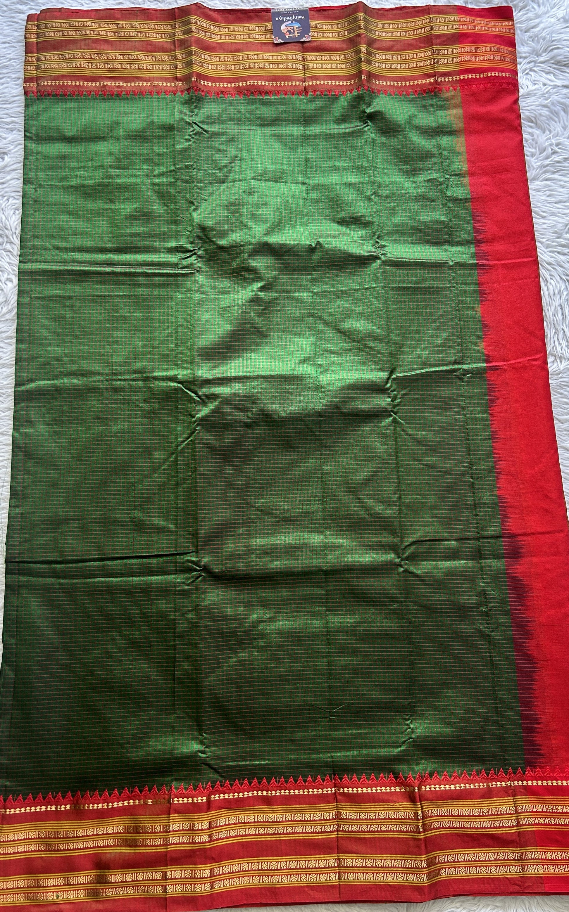 Narayanpet Silk Checks Saree Green Colored Complemented with a Red Zari Border. - Sampradaya Designer Studio