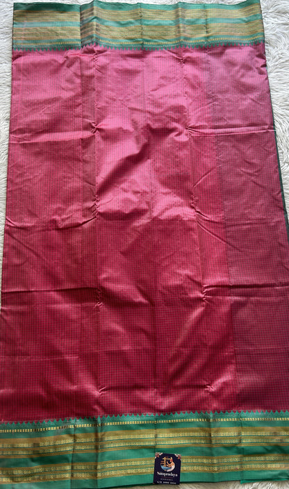 Narayanpet Silk Checks Saree Pink Colored Complemented with a Rama Green Zari Border. - Sampradaya Designer Studio