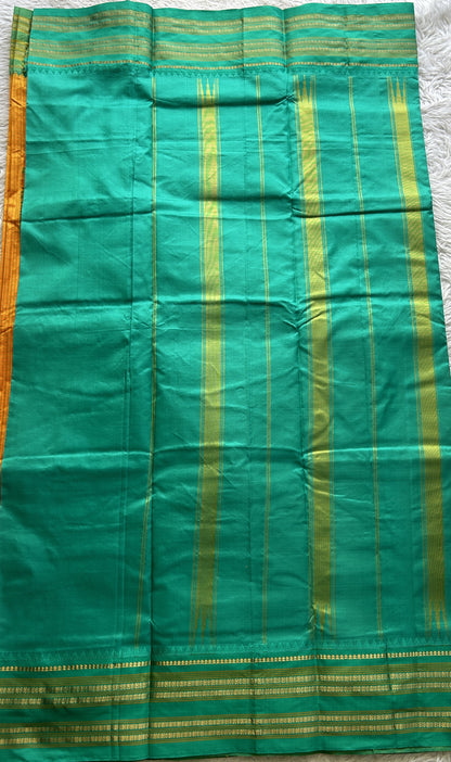 Narayanpet Silk Checks Saree Orange Colored Complemented with a Rama Green Zari Border. - Sampradaya Designer Studio