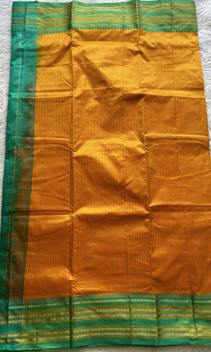 Narayanpet Silk Checks Saree Orange Colored Complemented with a Rama Green Zari Border. - Sampradaya Designer Studio