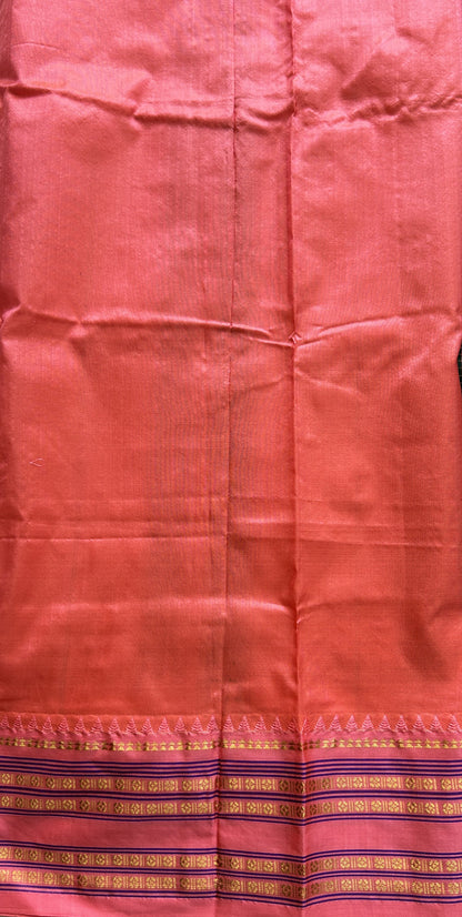 Narayanpet Silk Checks Saree Bottle Green Colored Complemented with a Peach Zari Border. - Sampradaya Designer Studio