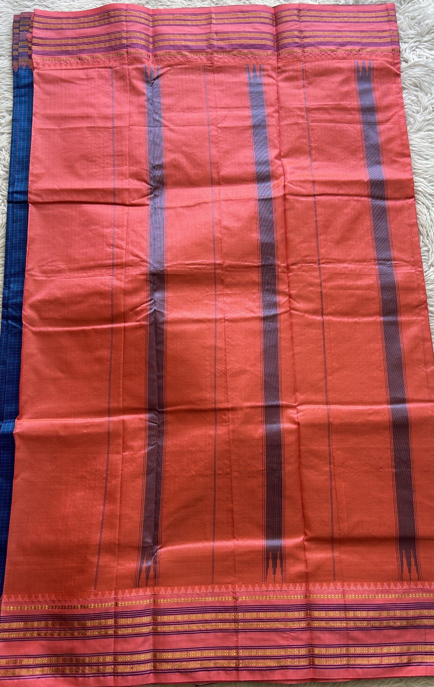 Narayanpet Silk Checks Saree Cobalt Blue Colored Complemented with a Peach Zari Border. - Sampradaya Designer Studio