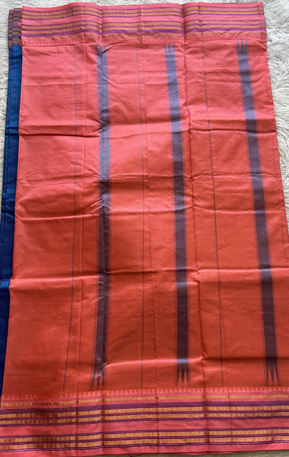 Narayanpet Silk Checks Saree Cobalt Blue Colored Complemented with a Peach Zari Border. - Sampradaya Designer Studio