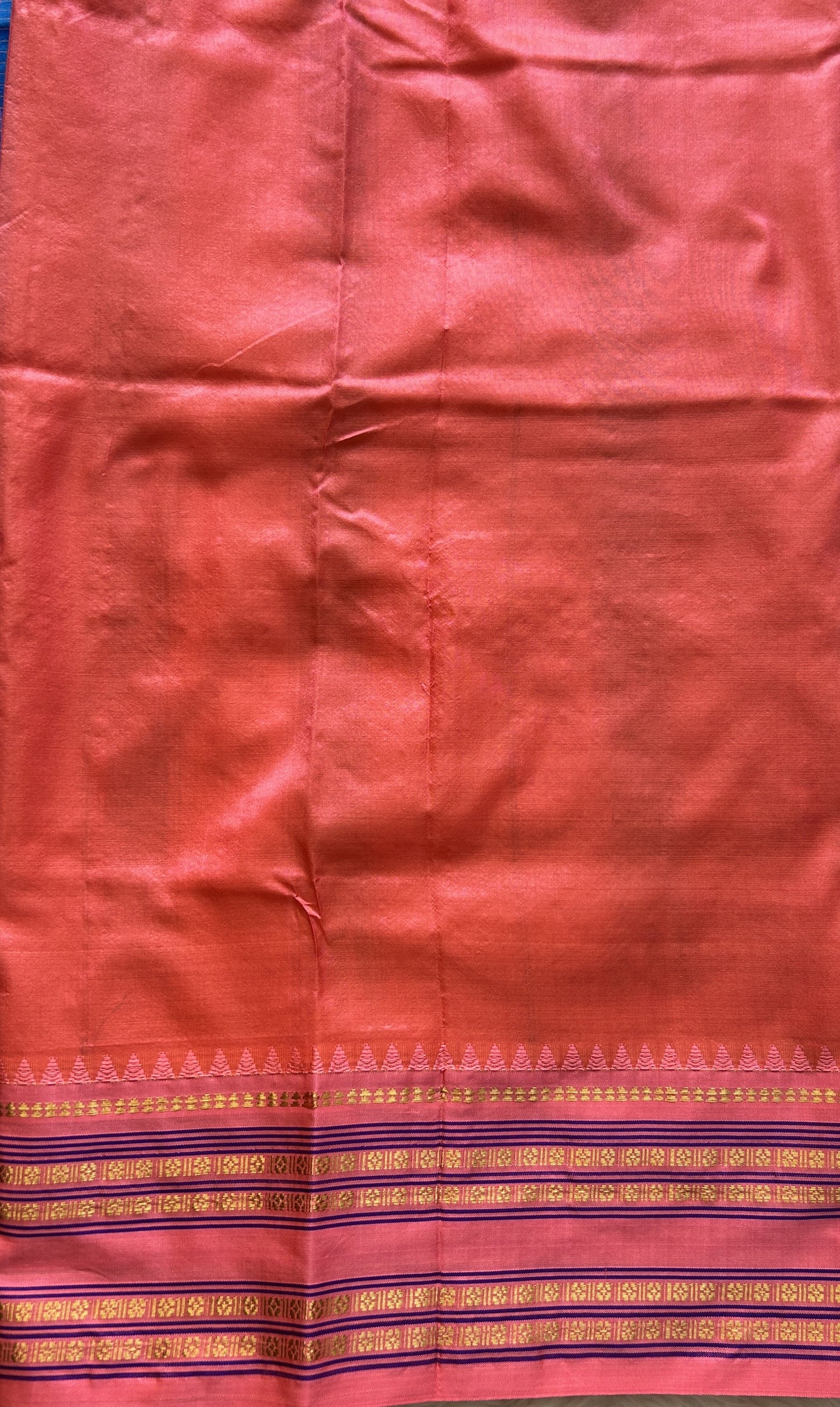 Narayanpet Silk Checks Saree Cobalt Blue Colored Complemented with a Peach Zari Border. - Sampradaya Designer Studio