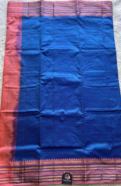 Narayanpet Silk Checks Saree Cobalt Blue Colored Complemented with a Peach Zari Border. - Sampradaya Designer Studio