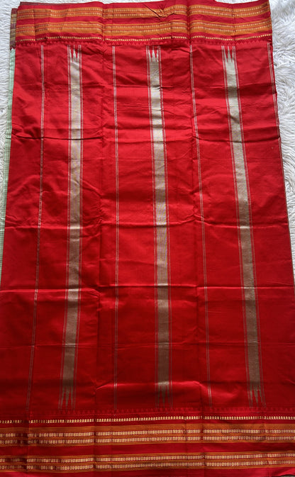 Narayanpet Silk Checks Saree Sea Green Colored Complemented with a Red Zari Border. - Sampradaya Designer Studio
