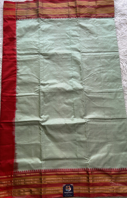 Narayanpet Silk Checks Saree Sea Green Colored Complemented with a Red Zari Border. - Sampradaya Designer Studio