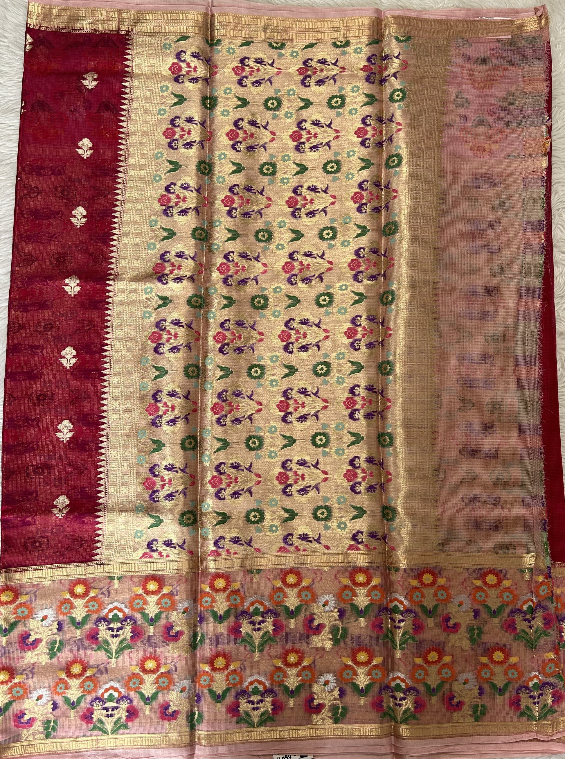 Silk kota Saree Pink colored Complemented with a Baby Pink Color Zari Buti Border. - Sampradaya Designer Studio