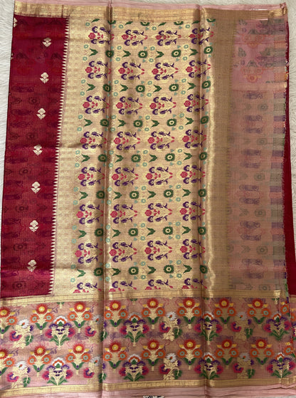 Silk kota Saree Pink colored Complemented with a Baby Pink Color Zari Buti Border. - Sampradaya Designer Studio