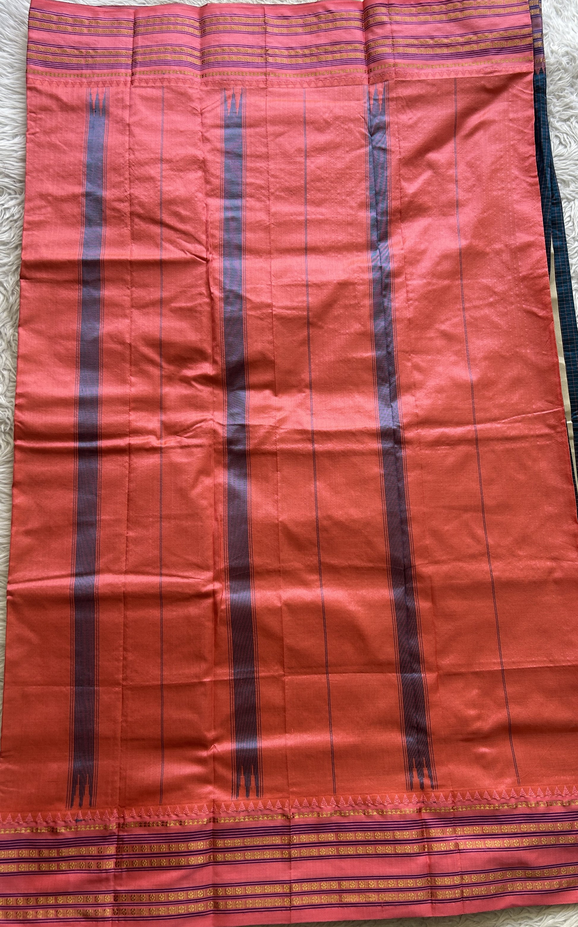 Narayanpet Silk Checks Saree Peacock Blue Colored Complemented with a Peach Zari Border. - Sampradaya Designer Studio