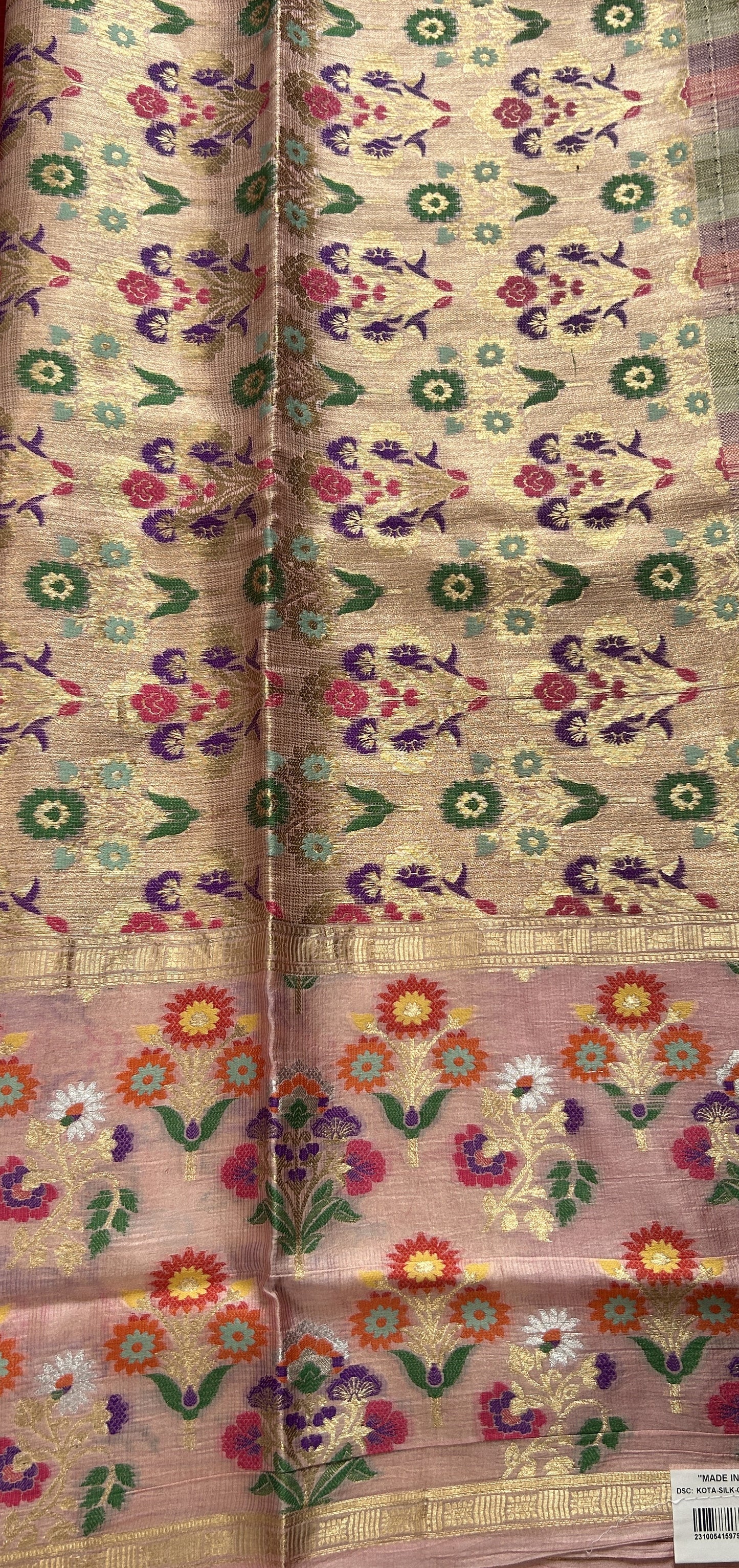 Silk kota Saree Pink colored Complemented with a Baby Pink Color Zari Buti Border. - Sampradaya Designer Studio