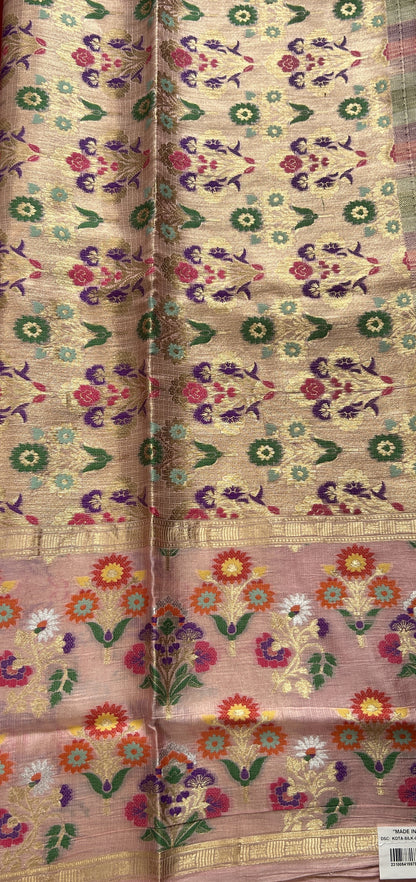 Silk kota Saree Pink colored Complemented with a Baby Pink Color Zari Buti Border. - Sampradaya Designer Studio