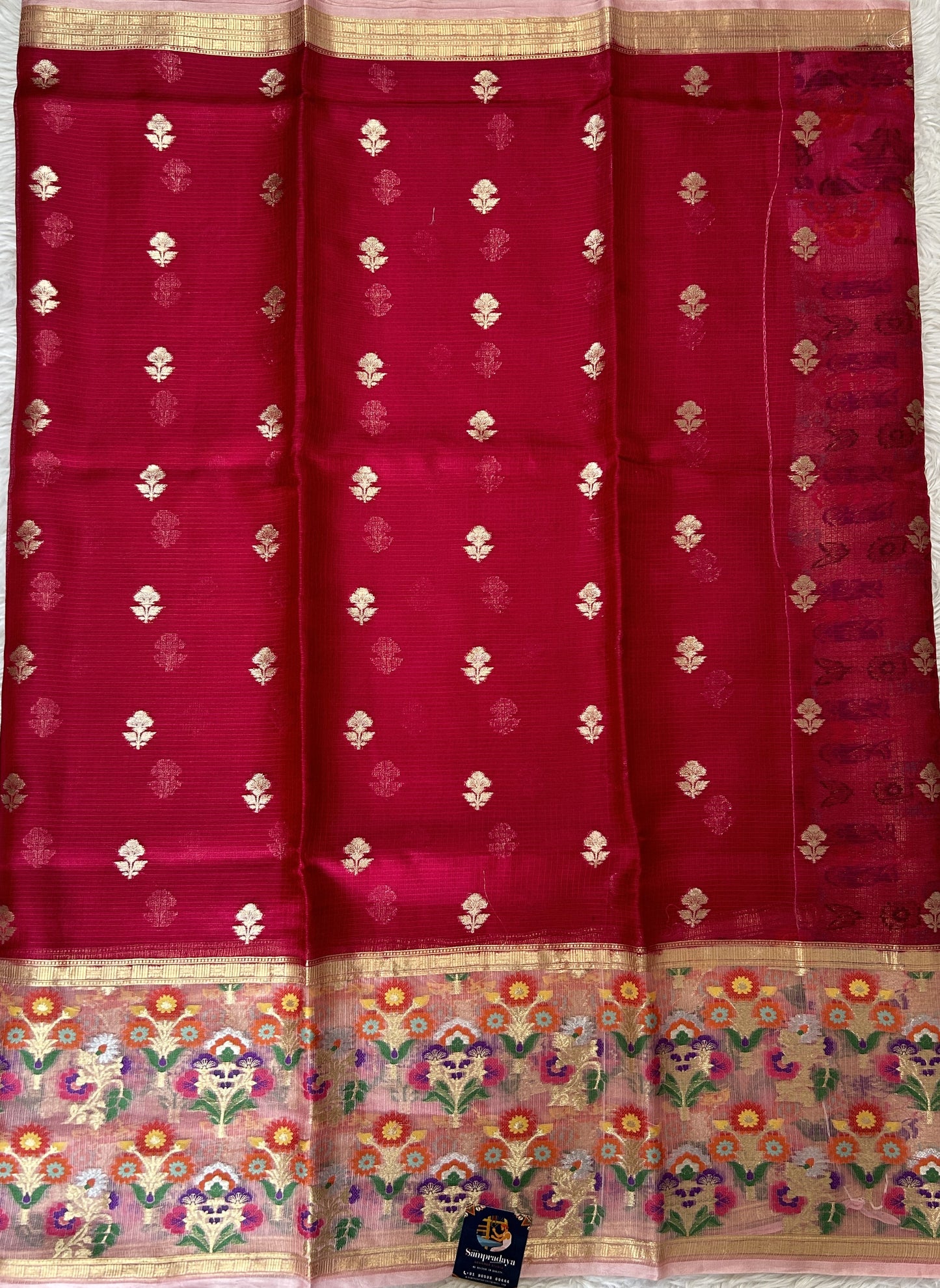 Silk kota Saree Pink colored Complemented with a Baby Pink Color Zari Buti Border. - Sampradaya Designer Studio