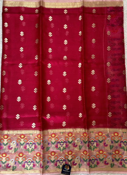Silk kota Saree Pink colored Complemented with a Baby Pink Color Zari Buti Border. - Sampradaya Designer Studio
