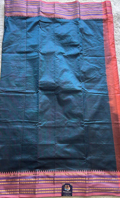 Narayanpet Silk Checks Saree Peacock Blue Colored Complemented with a Peach Zari Border. - Sampradaya Designer Studio