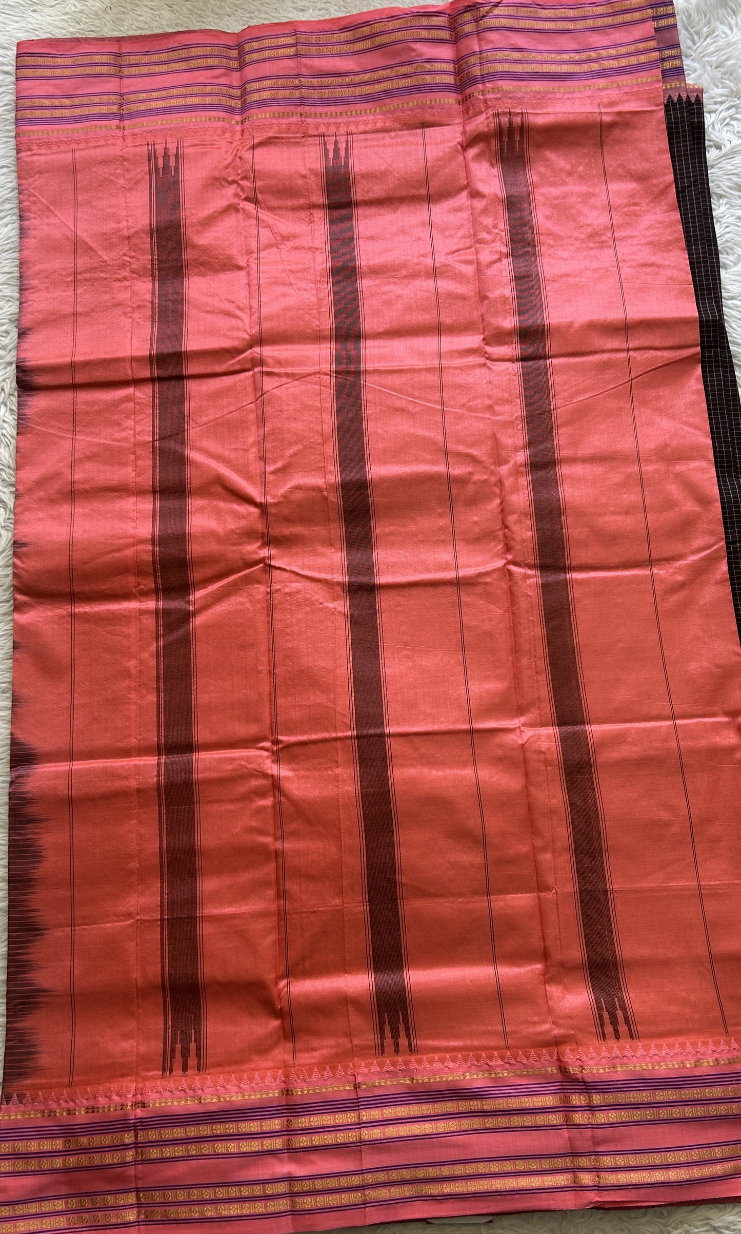 Narayanpet Silk Checks Saree Black Colored Complemented with a Peach Zari Border. - Sampradaya Designer Studio