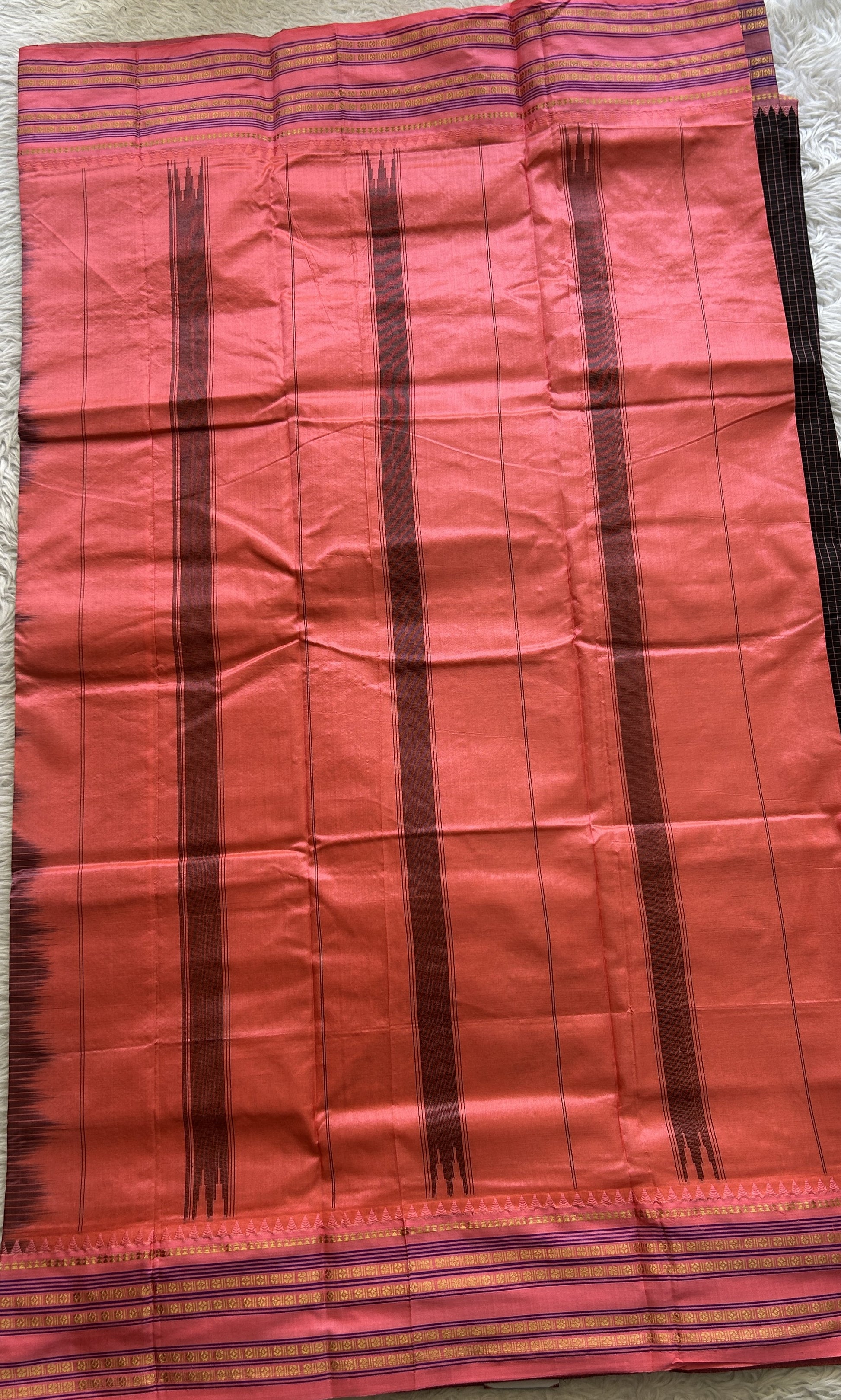 Narayanpet Silk Checks Saree Black Colored Complemented with a Peach Zari Border. - Sampradaya Designer Studio