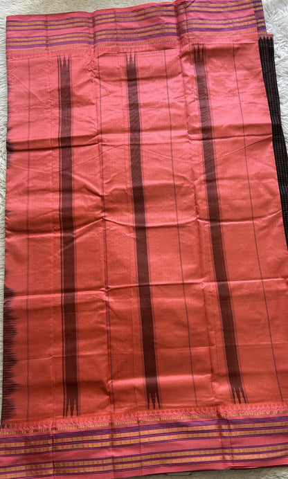 Narayanpet Silk Checks Saree Black Colored Complemented with a Peach Zari Border. - Sampradaya Designer Studio