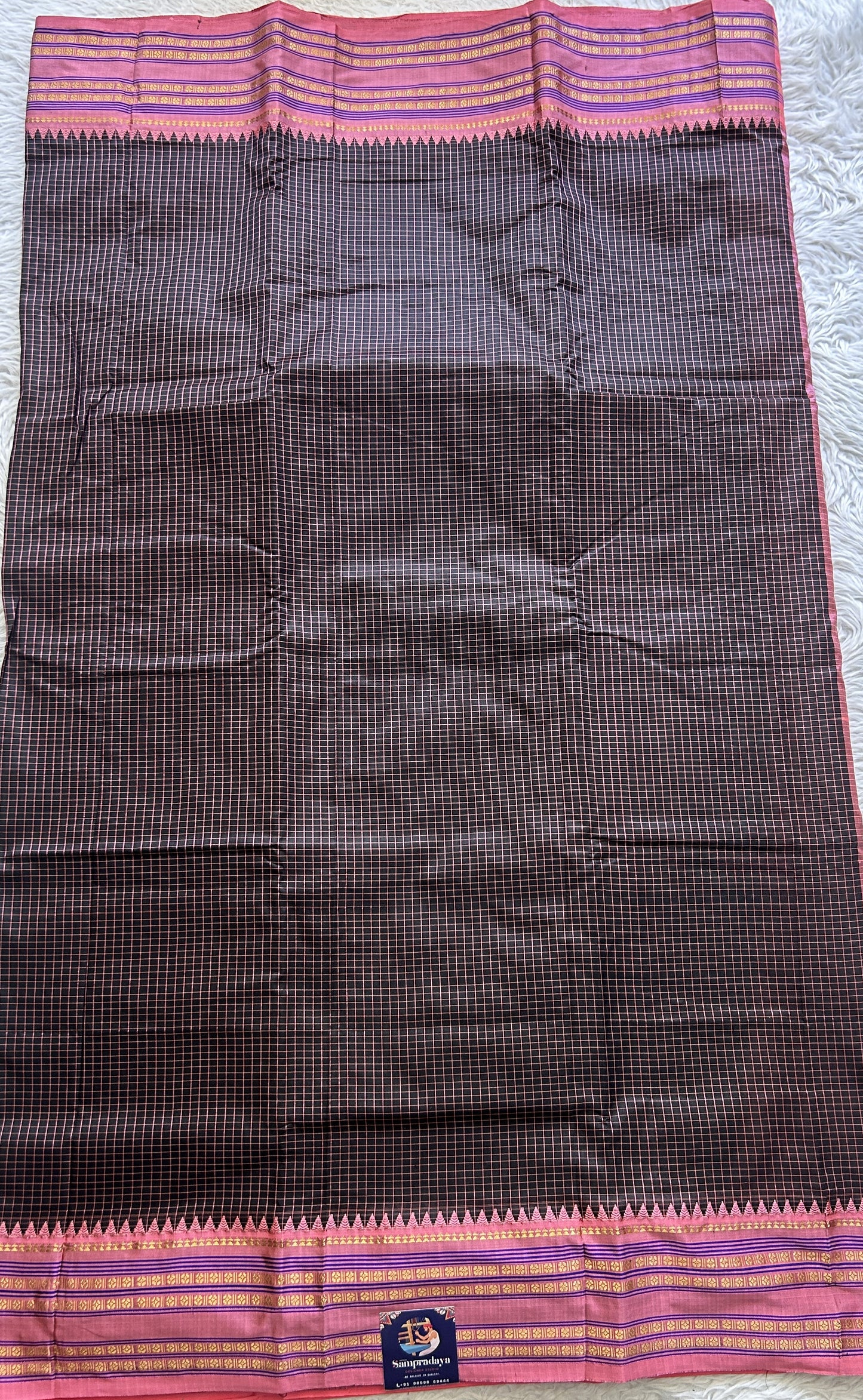 Narayanpet Silk Checks Saree Black Colored Complemented with a Peach Zari Border. - Sampradaya Designer Studio