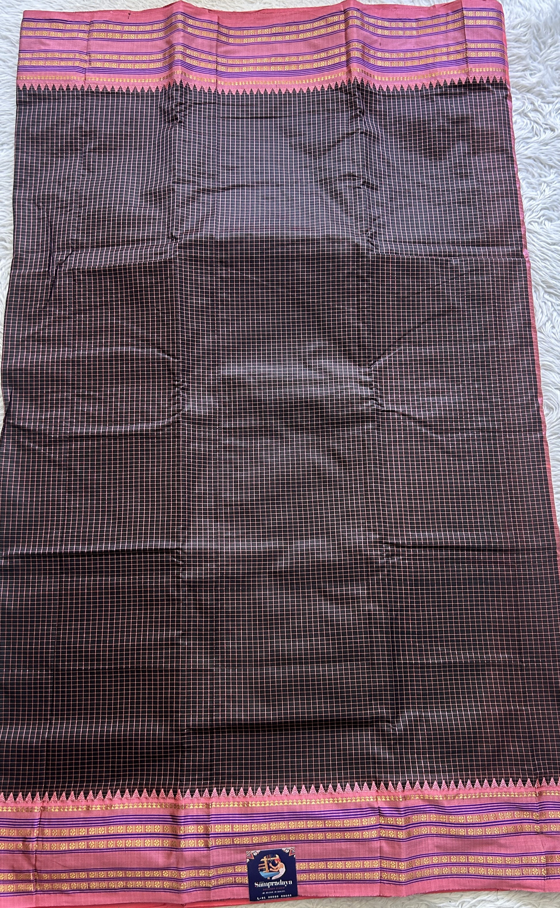 Narayanpet Silk Checks Saree Black Colored Complemented with a Peach Zari Border. - Sampradaya Designer Studio