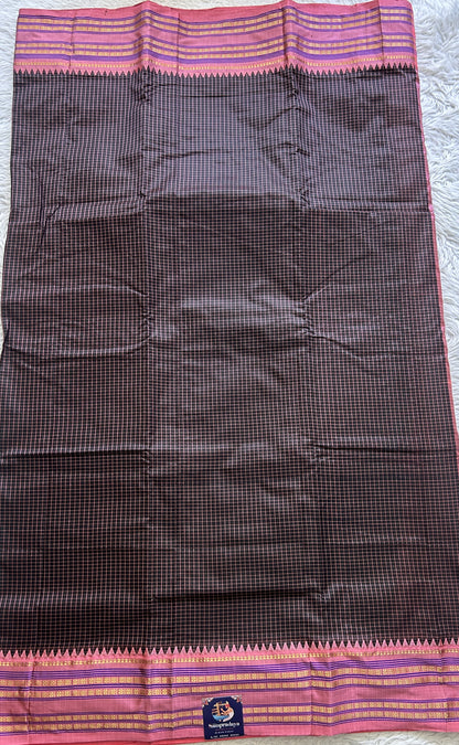 Narayanpet Silk Checks Saree Black Colored Complemented with a Peach Zari Border. - Sampradaya Designer Studio