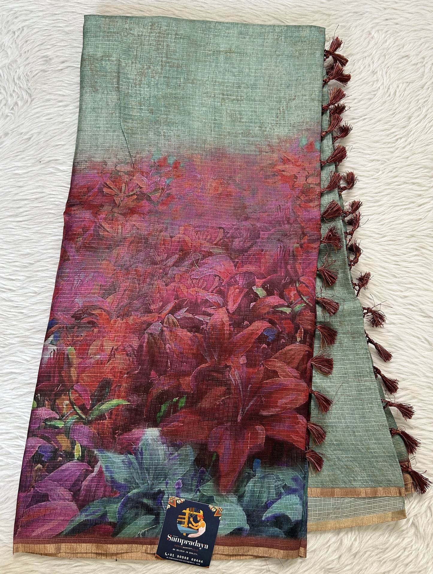 Silk kota Saree Sea Green colored Complemented with a Borderless Saree. - Sampradaya Designer Studio