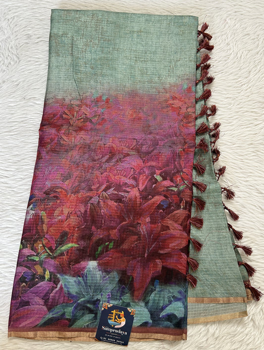 Silk kota Saree Sea Green colored Complemented with a Borderless Saree. - Sampradaya Designer Studio