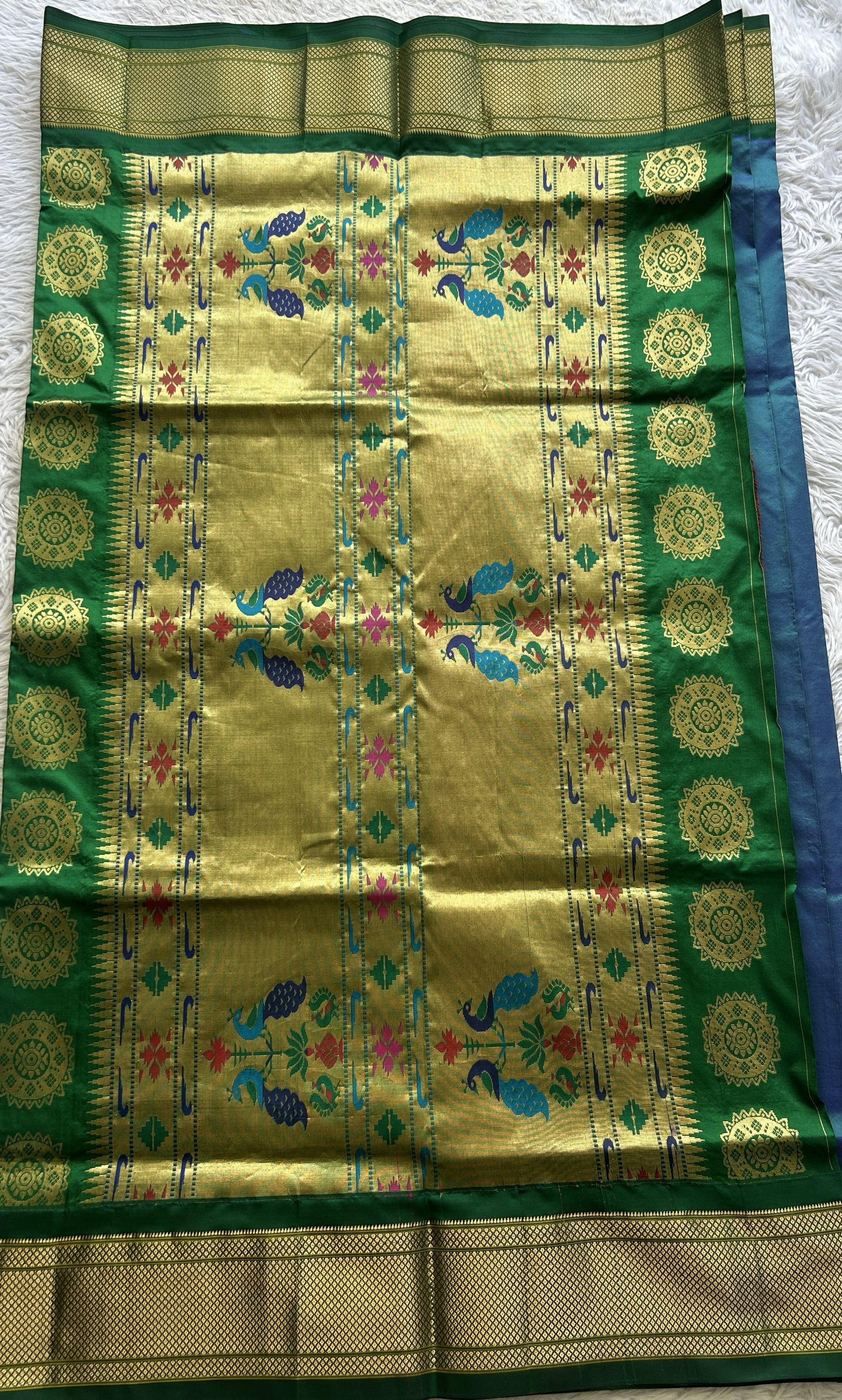 Narayanpet Silk Saree Peacock Blue Colored Complemented with a Green Zari Border. - Sampradaya Designer Studio