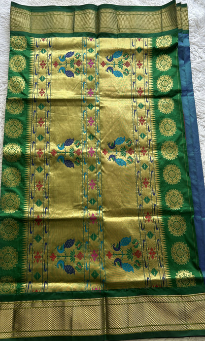 Narayanpet Silk Saree Peacock Blue Colored Complemented with a Green Zari Border. - Sampradaya Designer Studio