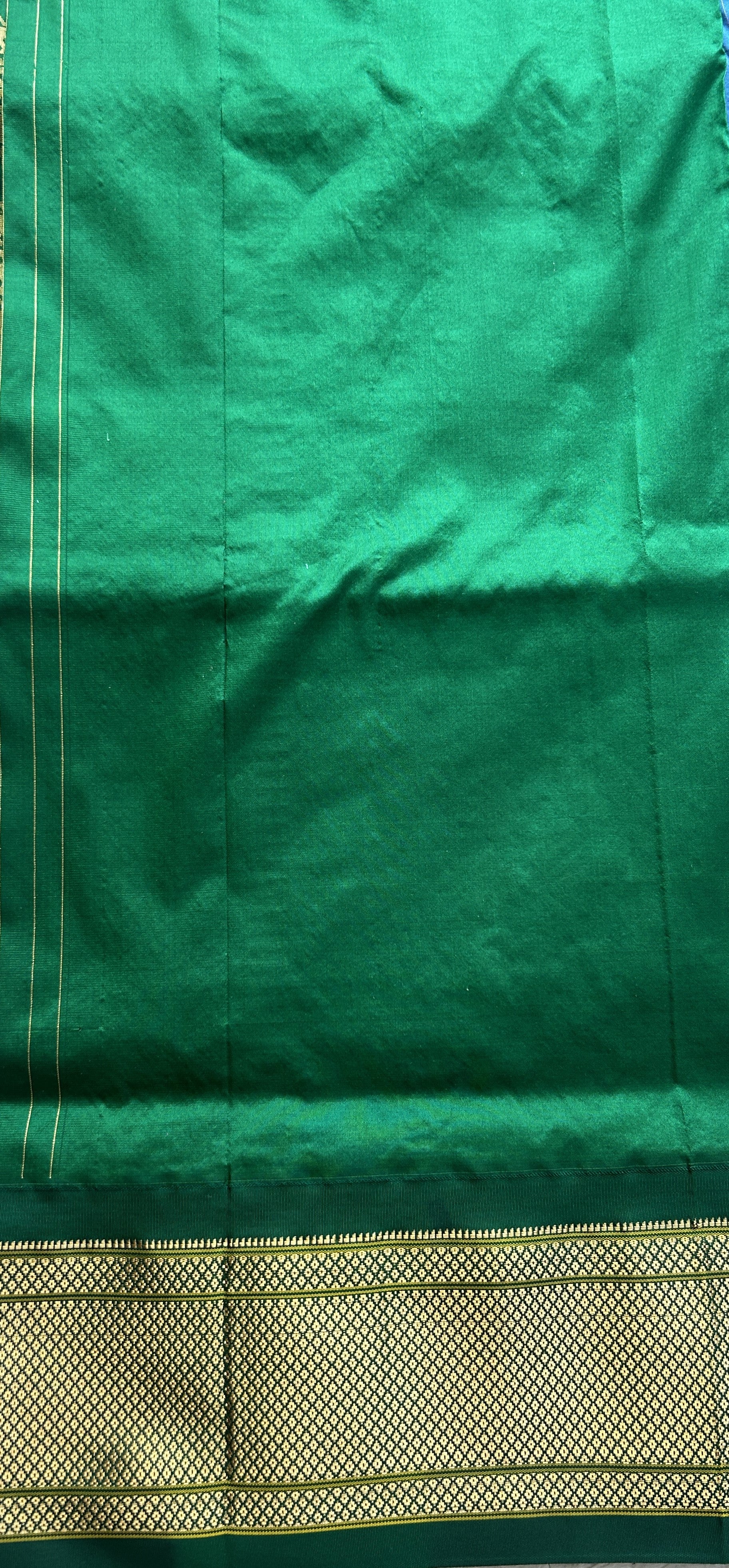 Narayanpet Silk Saree Peacock Blue Colored Complemented with a Green Zari Border. - Sampradaya Designer Studio