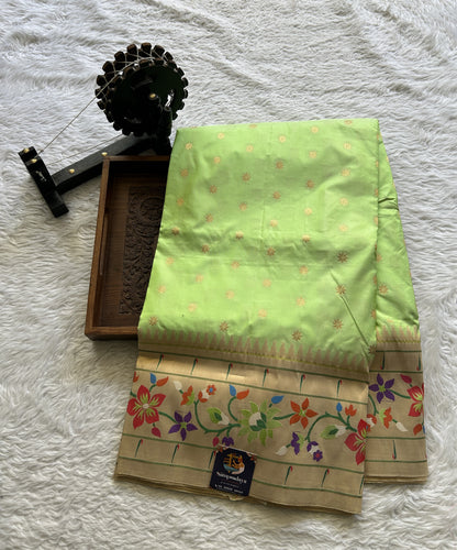 Narayanpet Silk Saree Light Green Colored Complemented with a Paithani Border. - Sampradaya Designer Studio