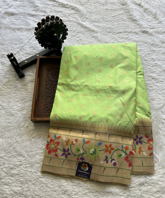 Narayanpet Silk Saree Light Green Colored Complemented with a Paithani Border. - Sampradaya Designer Studio