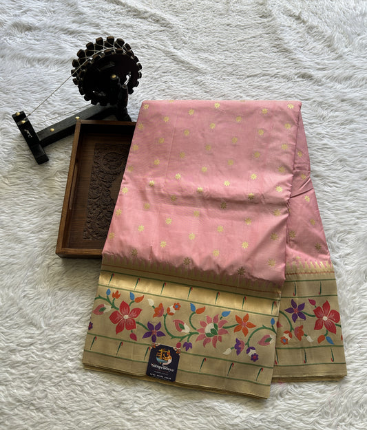 Narayanpet Silk Saree Light Pink Colored Complemented with a Paithani Border. - Sampradaya Designer Studio