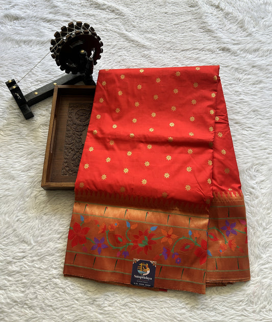 Narayanpet Silk Saree Red Colored Complemented with a Paithani Border. - Sampradaya Designer Studio