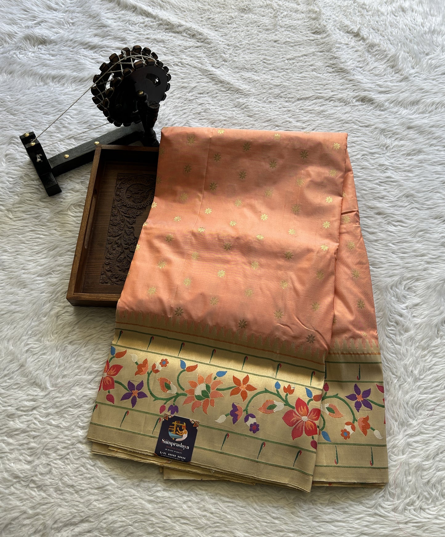Narayanpet Silk Saree Peach Colored Complemented with a Paithani Border. - Sampradaya Designer Studio