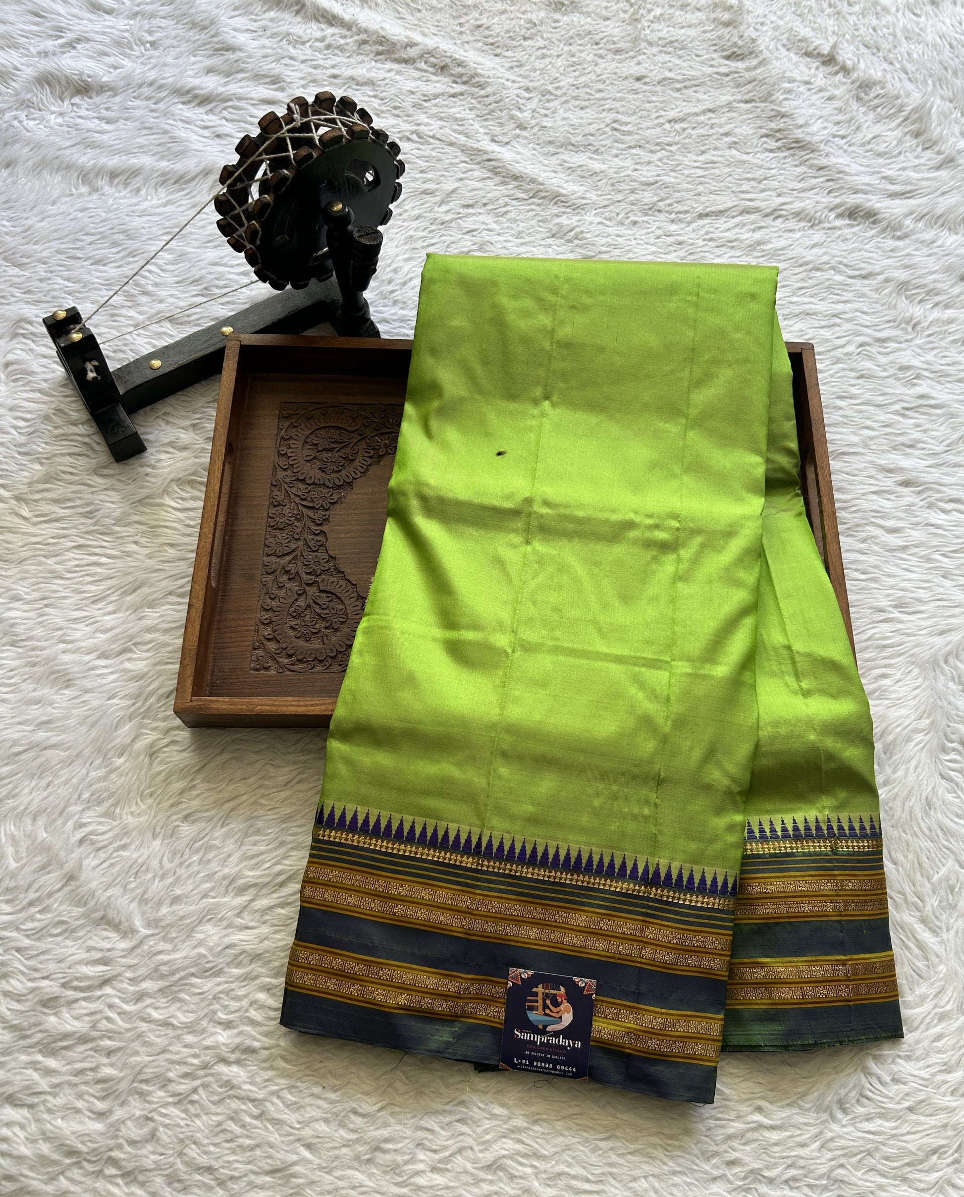 Narayanpet Silk Saree Parrot Green Colored Complemented with a Zari Border. - Sampradaya Designer Studio