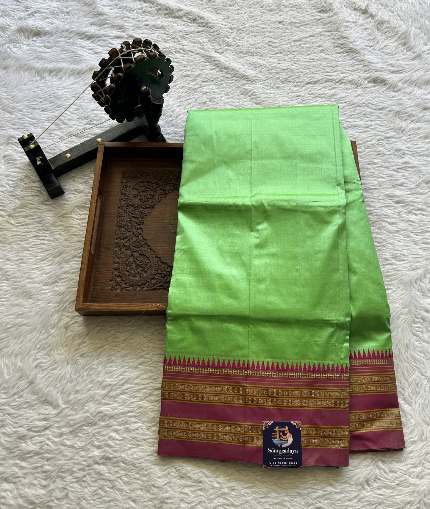 Narayanpet Silk Saree Light Parrot Green Colored Complemented with a Zari Border. - Sampradaya Designer Studio