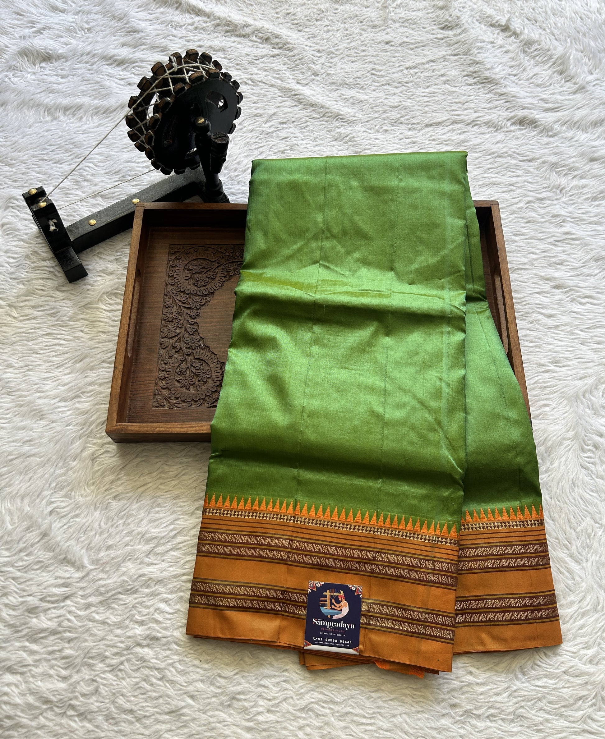 Narayanpet Silk Saree Dark Olive Green Colored Complemented with a Zari Border. - Sampradaya Designer Studio
