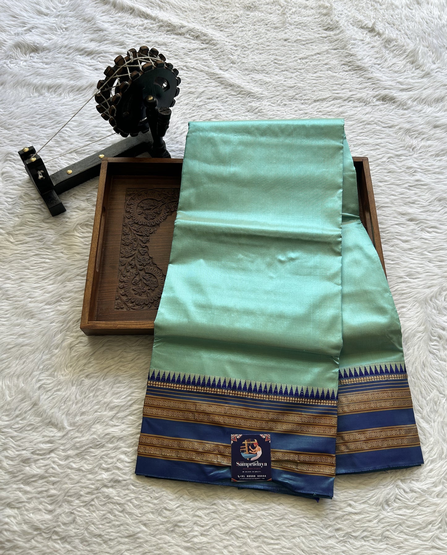 Narayanpet Silk Saree Sea Blue Colored Complemented with a Zari Border. - Sampradaya Designer Studio