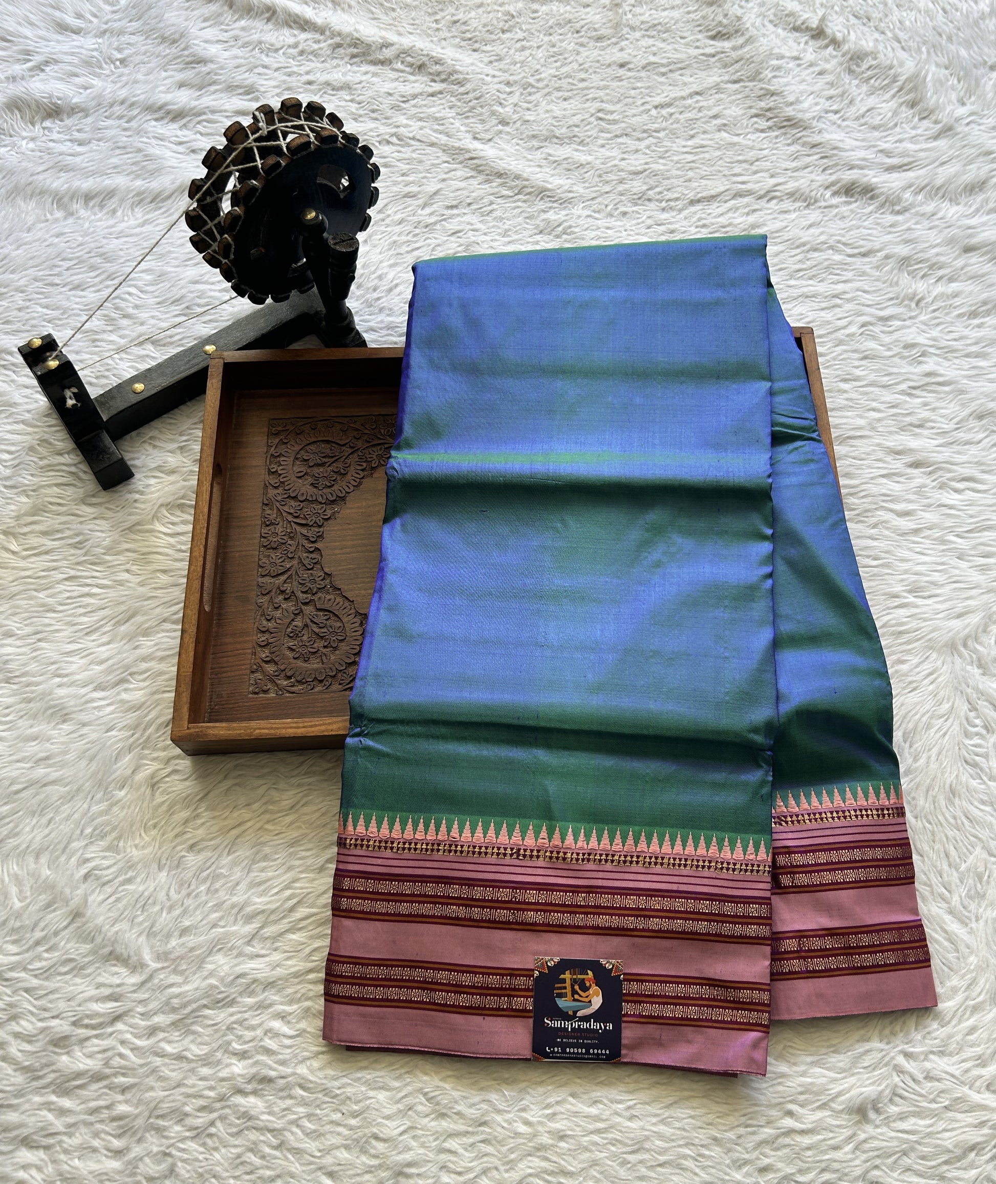 Narayanpet Silk Saree Peacock Blue Colored Complemented with a Baby Pink Zari Border. - Sampradaya Designer Studio