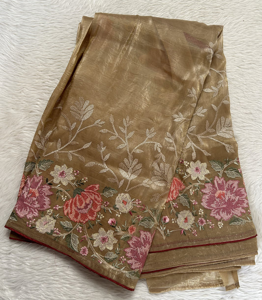 Inox Silk Saree Beige Colored Complemented with a Cutwork Border. - Sampradaya Designer Studio