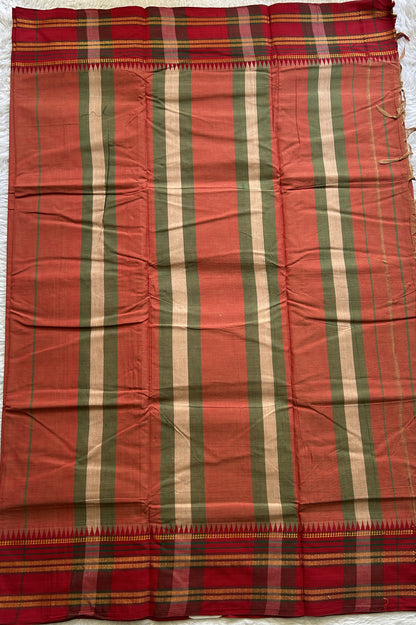 Narayanpet Cotton Saree Rust Colored Complemented with a Thread Border. - Sampradaya Designer Studio