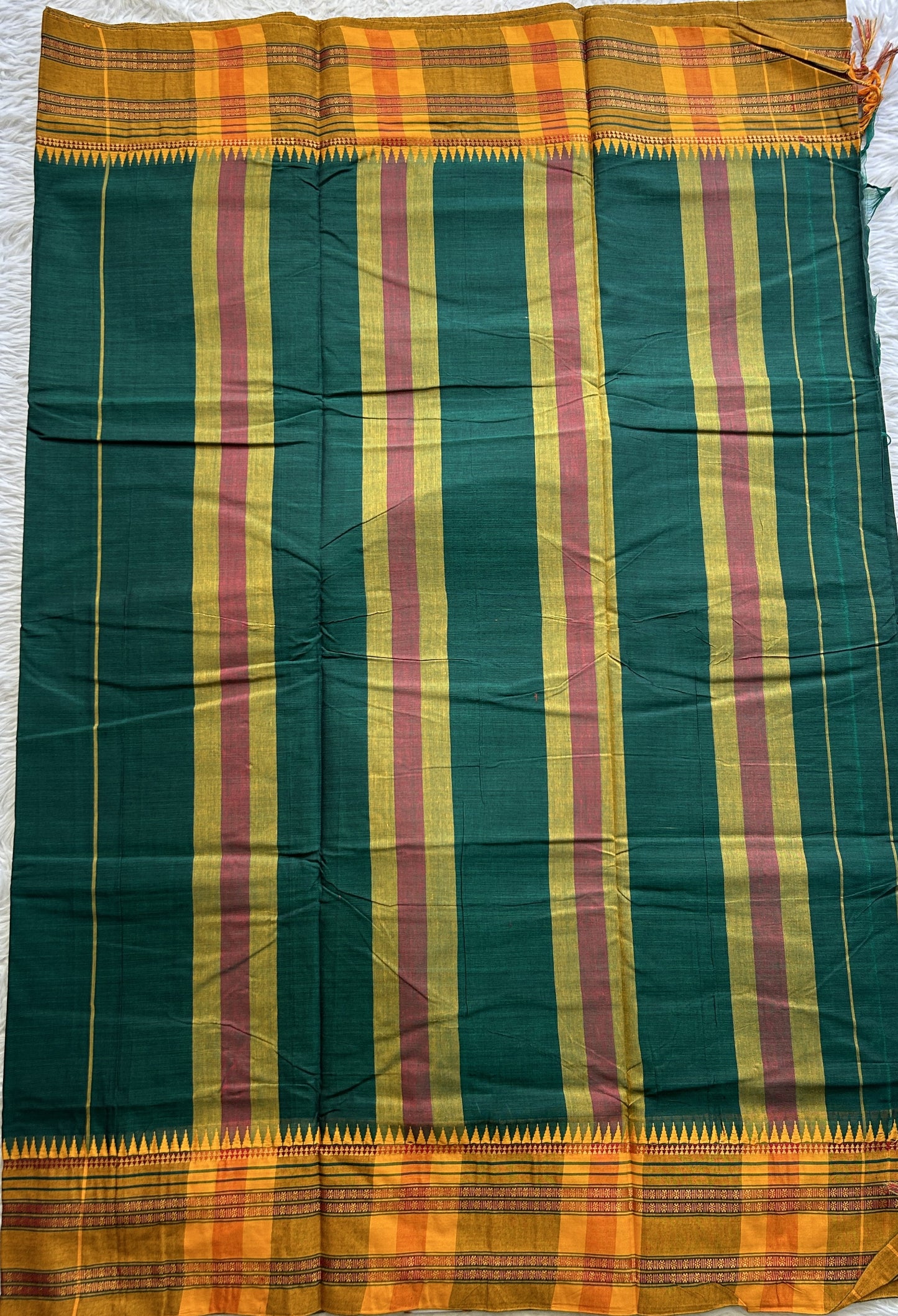 Narayanpet Cotton Saree Dark Green Colored Complemented with a Thread Border. - Sampradaya Designer Studio