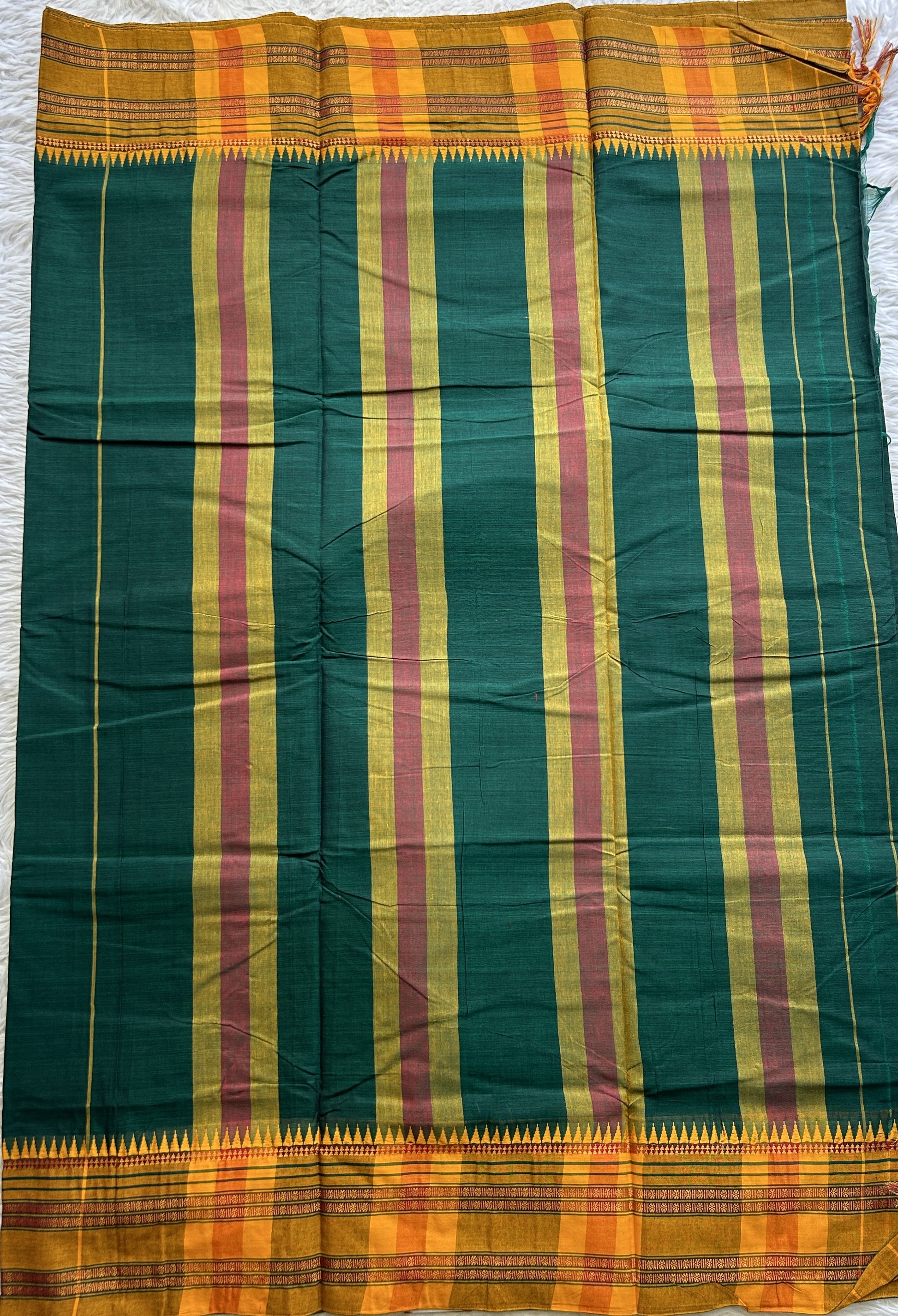 Narayanpet Cotton Saree Dark Green Colored Complemented with a Thread Border. - Sampradaya Designer Studio